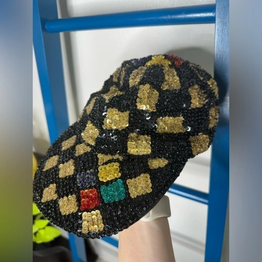 Vintage 1980s Hurry Up! Full Sequin Baseball Cap Hat in Black Red Green Gold - Picture 3 of 7